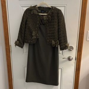 Tahari ASL Olive Green Dress with Matching Bouclé Jacket